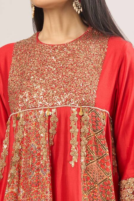 Shop Debyani + CO Red Sequins, Beads Round Neck Floral Embroidered Sapna Peplum Kurta And Dhoti Pant Online at Aza Fashions Shop_Debyani + CO_Red Sequins, Beads Round Neck Floral Embroidered Sapna Peplum Kurta And Dhoti Pant _Online_at_Aza_Fashions