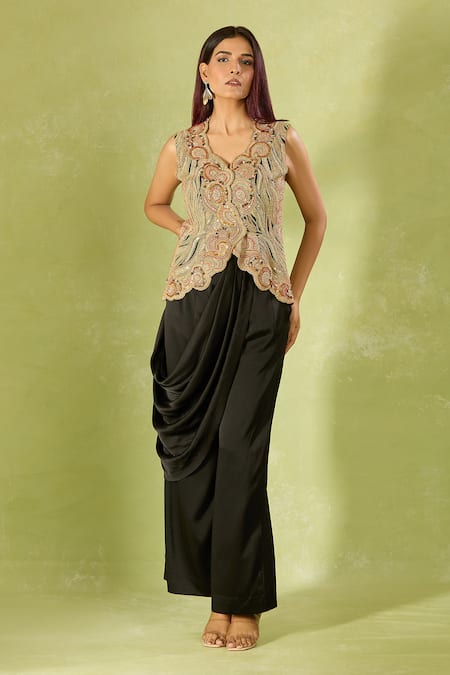 Shop Anamika Khanna Multi Color Embroidery V-neck Top And Draped Pant Set Online at Aza Fashions Shop_Anamika Khanna_Multi Color Embroidery V-neck Top And Draped Pant Set _Online_at_Aza_Fashions