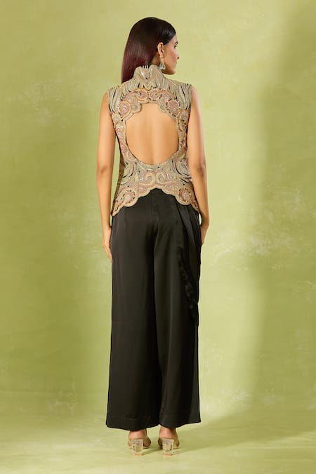 Shop Anamika Khanna Multi Color Embroidery V-neck Top And Draped Pant Set at Aza Fashions Shop_Anamika Khanna_Multi Color Embroidery V-neck Top And Draped Pant Set _at_Aza_Fashions