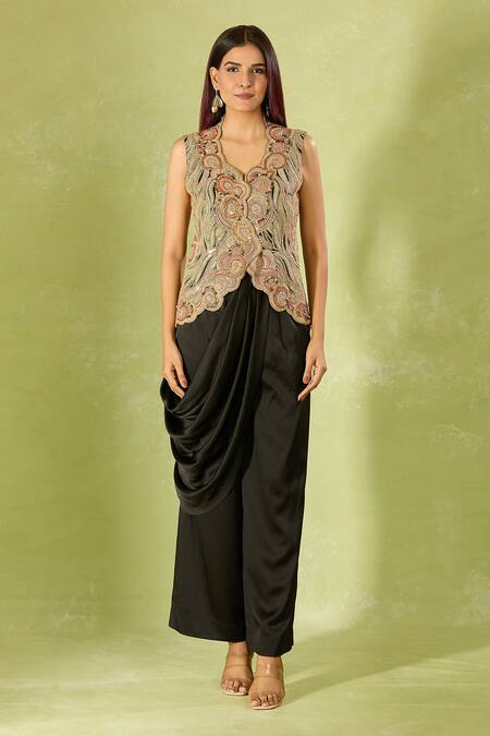 Anamika Khanna Multi Color Embroidery V-neck Top And Draped Pant Set at Aza Fashions Anamika Khanna_Multi Color Embroidery V-neck Top And Draped Pant Set _at_Aza_Fashions
