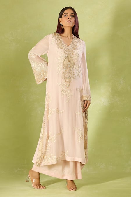 Buy_Anamika Khanna_Pink Embroidery V-neck Kurta Set With Draped Skirt_Online_at_Aza_Fashions