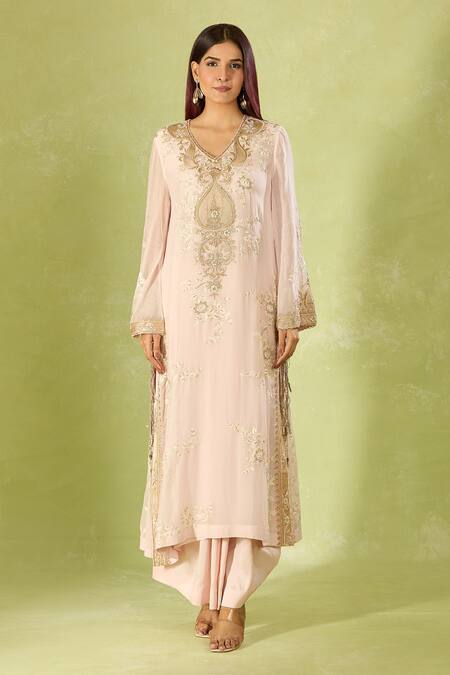Shop_Anamika Khanna_Pink Embroidery V-neck Kurta Set With Draped Skirt_Online_at_Aza_Fashions