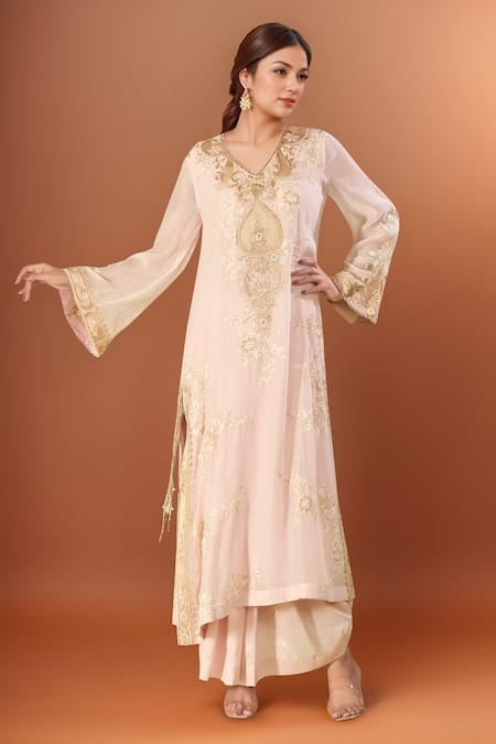 Anamika Khanna Pink Embroidery V-neck Kurta Set With Draped Skirt 