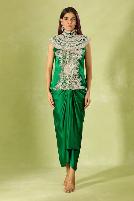 Buy_Anamika Khanna_Green Silk Embroidery Collared Kurta Set With Cape _Online_at_Aza_Fashions