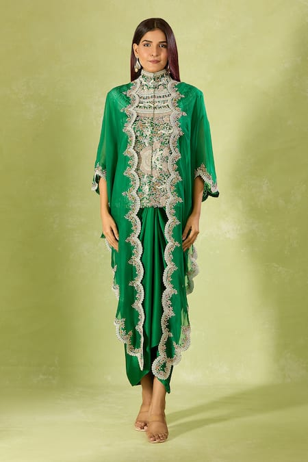 Shop_Anamika Khanna_Green Silk Embroidery Collared Kurta Set With Cape _Online_at_Aza_Fashions