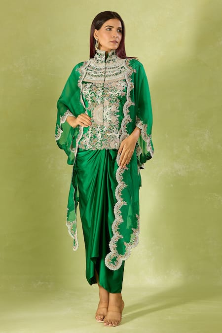 Anamika Khanna_Green Silk Embroidery Collared Kurta Set With Cape _at_Aza_Fashions