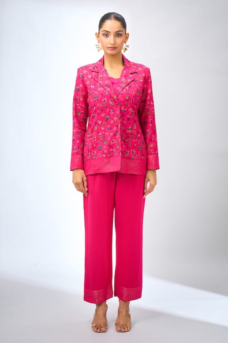 Buy_Safaa_Pink Collared Floral Print Pant Set _Online_at_Aza_Fashions
