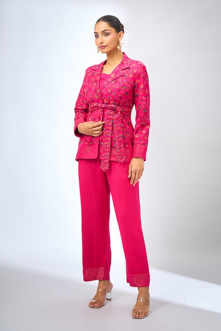 Shop_Safaa_Pink Collared Floral Print Pant Set _Online_at_Aza_Fashions