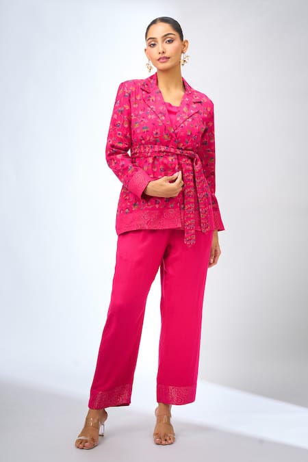 Safaa_Pink Collared Floral Print Pant Set _at_Aza_Fashions