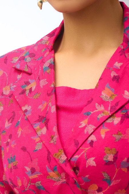 Buy_Safaa_Pink Collared Floral Print Pant Set 