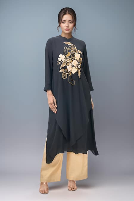Nitin Bal Chauhan Fusion Embroidered Black Long Kurta 