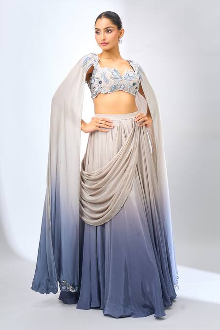 Jade By Ashima_Beige Sequins, Embroidery Ombre Draped Fusion Lehenga Set_Online_at_Aza_Fashions