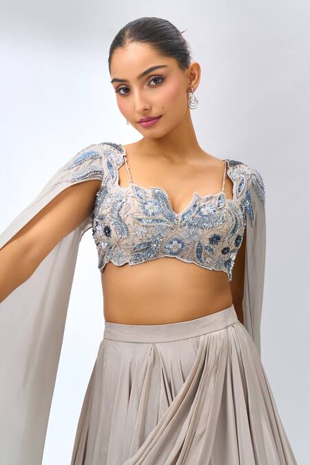 Buy_Jade By Ashima_Beige Sequins, Embroidery Ombre Draped Fusion Lehenga Set_Online_at_Aza_Fashions