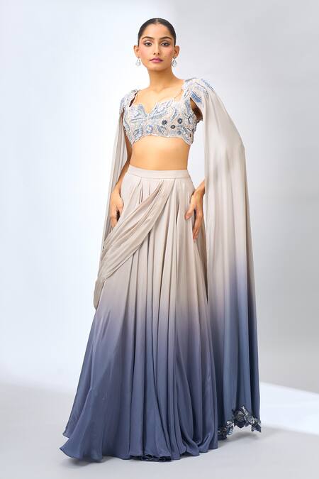 Shop_Jade By Ashima_Beige Sequins, Embroidery Ombre Draped Fusion Lehenga Set_Online_at_Aza_Fashions