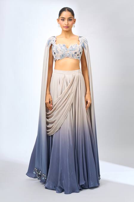 Buy_Jade By Ashima_Beige Sequins, Embroidery Ombre Draped Fusion Lehenga Set