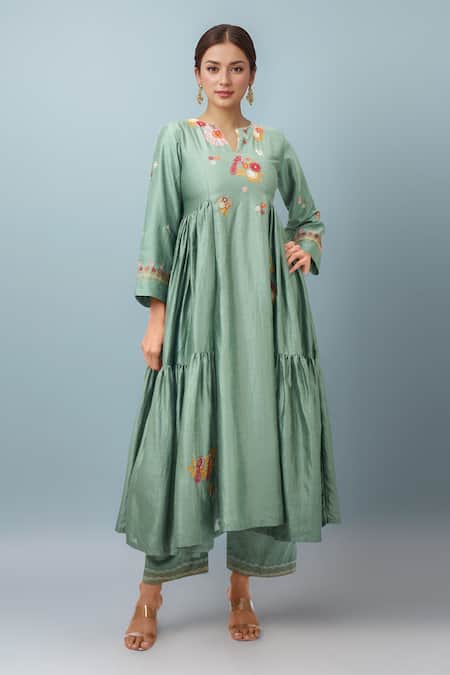Basanti - Kapde Aur Koffee Green Embroidery Split V-neck Anarkali Set 