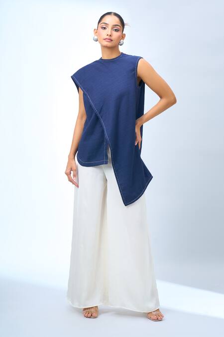 Tarun Tahiliani Blue Round Neck Asymmetrical Top Online at Aza Fashions Tarun Tahiliani_Blue Round Neck Asymmetrical Top _Online_at_Aza_Fashions