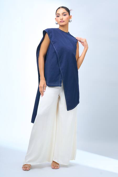 Shop Tarun Tahiliani Blue Round Neck Asymmetrical Top Online at Aza Fashions Shop_Tarun Tahiliani_Blue Round Neck Asymmetrical Top _Online_at_Aza_Fashions