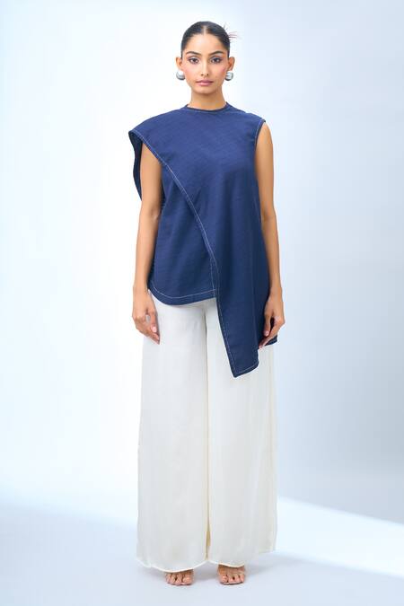 Tarun Tahiliani Blue Round Neck Asymmetrical Top at Aza Fashions Tarun Tahiliani_Blue Round Neck Asymmetrical Top _at_Aza_Fashions