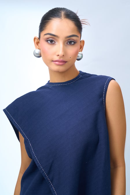 Buy Tarun Tahiliani Blue Round Neck Asymmetrical Top Buy_Tarun Tahiliani_Blue Round Neck Asymmetrical Top