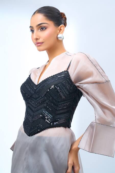 Shop_Tarun Tahiliani_Black Sequins Sweetheart Neck Corset Top