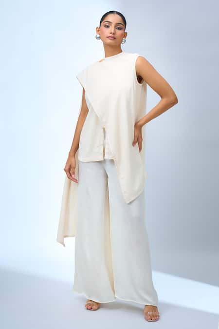 Tarun Tahiliani_Ivory Crew Neck Asymmetrical Top _Online_at_Aza_Fashions