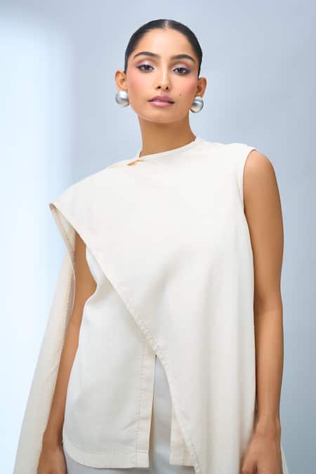 Buy_Tarun Tahiliani_Ivory Crew Neck Asymmetrical Top _Online_at_Aza_Fashions