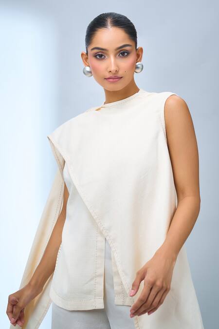 Shop_Tarun Tahiliani_Ivory Crew Neck Asymmetrical Top _Online_at_Aza_Fashions