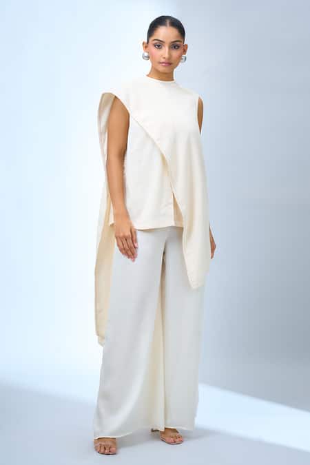 Tarun Tahiliani_Ivory Crew Neck Asymmetrical Top _at_Aza_Fashions