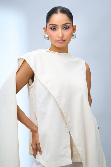 Buy_Tarun Tahiliani_Ivory Crew Neck Asymmetrical Top 