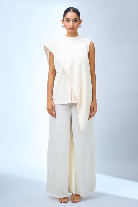 Shop_Tarun Tahiliani_Ivory Crew Neck Asymmetrical Top 