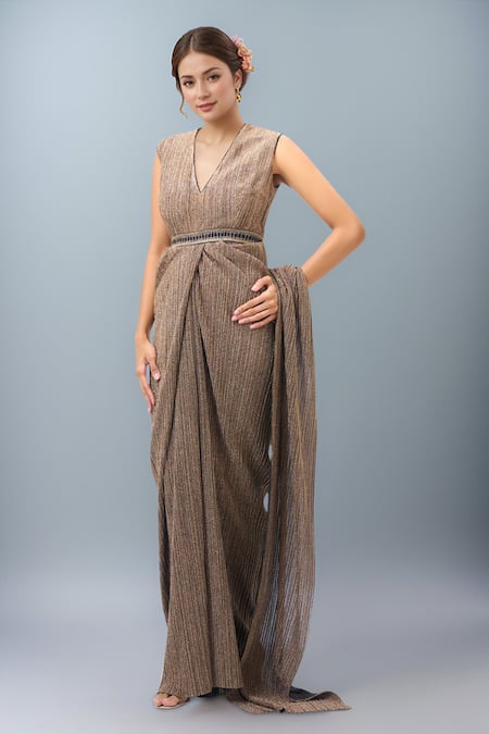 Tarun Tahiliani Gold Pleated Saree Gown 