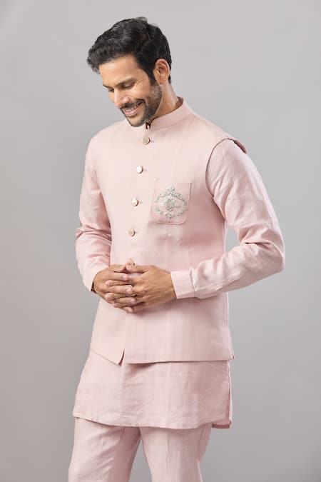 Aariyana Couture Pink Linen Embroidery Placement Bundi And Kurta Set at Aza Fashions Aariyana Couture_Pink Linen Embroidery Placement Bundi And Kurta Set _at_Aza_Fashions