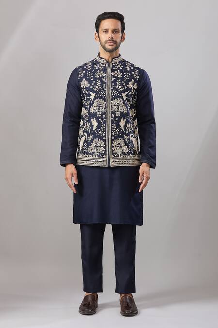 Buy Aariyana Couture Navy Silk Embroidery Botanical Bundi And Kurta Set Buy_Aariyana Couture_Navy Silk Embroidery Botanical Bundi And Kurta Set
