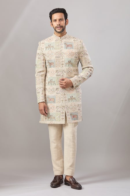 Aariyana Couture Beige Jersey Embroidery Jute Longline Bandhgala Set 
