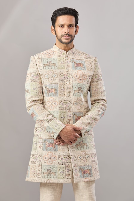Aariyana Couture_Beige Jersey Embroidery Jute Longline Bandhgala Set _Online_at_Aza_Fashions