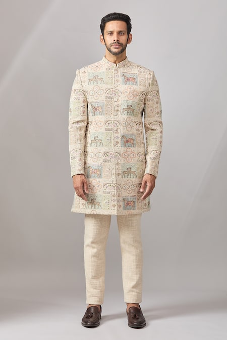 Buy_Aariyana Couture_Beige Jersey Embroidery Jute Longline Bandhgala Set _Online_at_Aza_Fashions