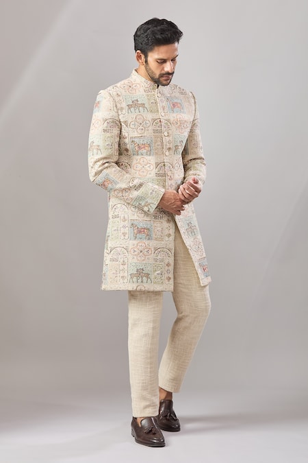 Shop_Aariyana Couture_Beige Jersey Embroidery Jute Longline Bandhgala Set _Online_at_Aza_Fashions