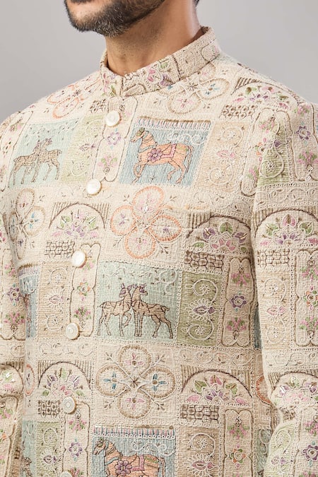 Buy_Aariyana Couture_Beige Jersey Embroidery Jute Longline Bandhgala Set 