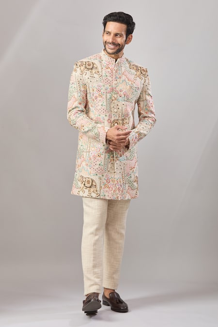 Aariyana Couture Multi Color Jersey Embroidery Floral Longline Bandhgala Set 