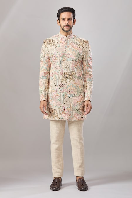 Buy_Aariyana Couture_Multi Color Jersey Embroidery Floral Longline Bandhgala Set _Online_at_Aza_Fashions