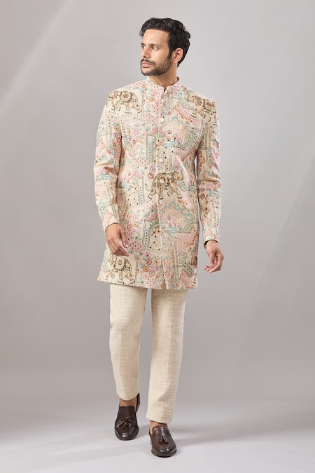 Shop_Aariyana Couture_Multi Color Jersey Embroidery Floral Longline Bandhgala Set _Online_at_Aza_Fashions