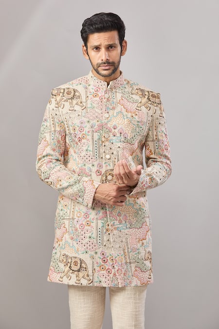 Aariyana Couture_Multi Color Jersey Embroidery Floral Longline Bandhgala Set _at_Aza_Fashions