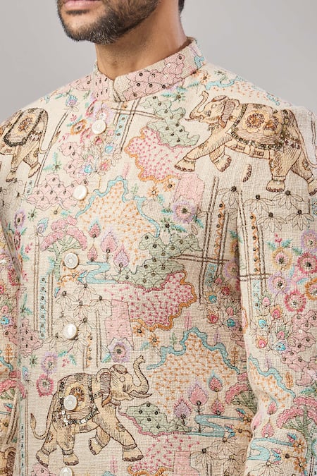 Buy_Aariyana Couture_Multi Color Jersey Embroidery Floral Longline Bandhgala Set 