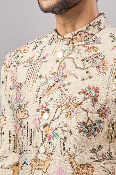 Aariyana Couture_Beige Jersey Embroidery Dori Longline Bandhgala Set _Online_at_Aza_Fashions