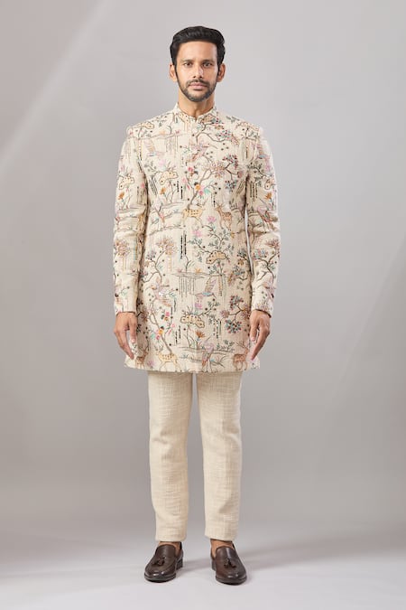 Buy_Aariyana Couture_Beige Jersey Embroidery Dori Longline Bandhgala Set _Online_at_Aza_Fashions