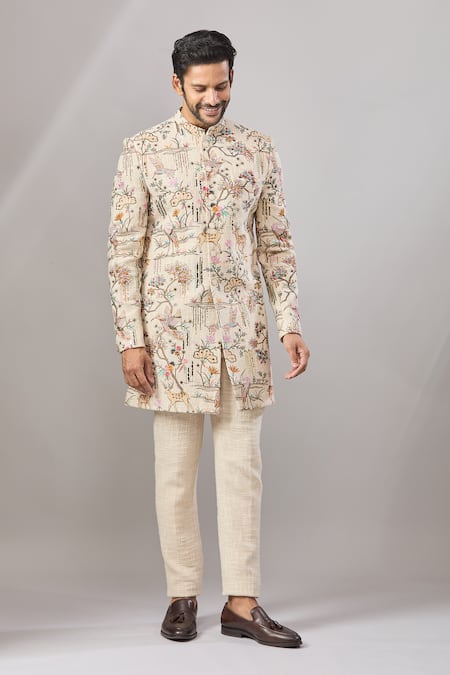 Aariyana Couture_Beige Jersey Embroidery Dori Longline Bandhgala Set _at_Aza_Fashions