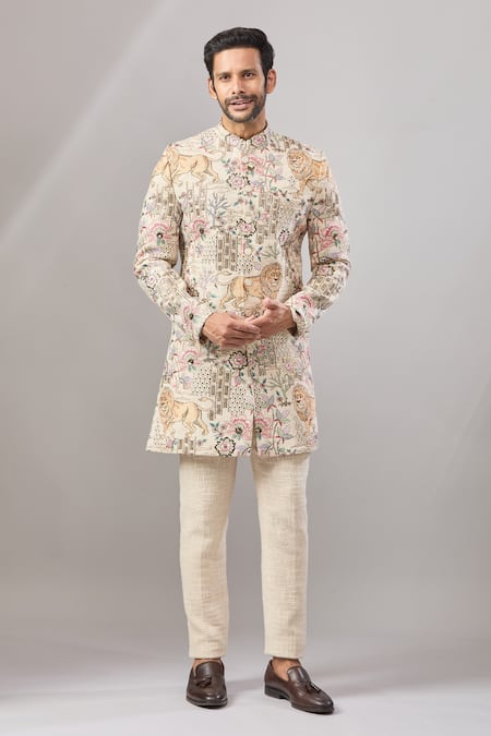 Aariyana Couture_Beige Jersey Embroidery Jungle Longline Bandhgala Set _Online_at_Aza_Fashions