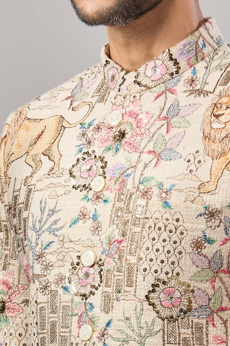 Buy_Aariyana Couture_Beige Jersey Embroidery Jungle Longline Bandhgala Set _Online_at_Aza_Fashions