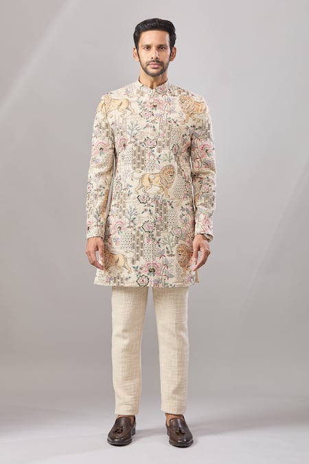 Shop_Aariyana Couture_Beige Jersey Embroidery Jungle Longline Bandhgala Set _Online_at_Aza_Fashions